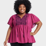 Knox Rose  Women's Pink Embroidered Polka Dot Tassel Butterfly Sleeve Top sz‎ 3X Photo 0