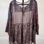 Torrid Boho Sheer Floral Blouse 2X Black Red Lace Peasant Top Romantic Flowy Photo 5