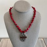 Coldwater Creek Fabulous Beaded  Necklace Red Stone Chips Silver Pendant Photo 1