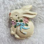 Easter Bunny Jewelry Pin Brooch Painted Vintage Flowers Bow Distressed Photo 4