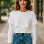 ZARA  Layered White Cropped T Shirt w/ Long Blue Striped Sleeves ~ Ladies SMALL Photo 0