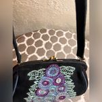Black Suede Bag Vintage LULU GUINESS Purple Blue Floral embroideried needlepoint Photo 3