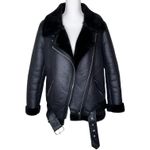 ZARA  Black Faux Leather Faux Fur Collar Shearling Belted Moto Motorcyle Jacket Photo 2