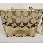 Coach F 15112 Signature Beige Bag with Gold Detailing Purple Lining EUC Photo 3