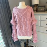 Pink Lily Sweater  Cable Knit Boho Fringe Chunky Womens Small Rose Photo 2