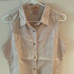 Fresno Jean Company Blue Denim Sleeveless Shirt Top Button Up Pockets large Tan Photo 2