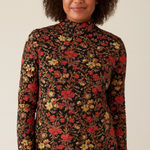 Peruvian Connection  Floral Turtle Neck Long Sleeve Top Black Pink Yellow Medium‎ Photo 0