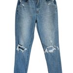 American Eagle SZ 2 LONG Mom Jeans Mid-Rise Whiskered Distressed Light Wash Blue Photo 0