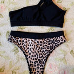 SheIn Black One-Shoulder Bikini Top with Leopard Print Bottom Photo 0