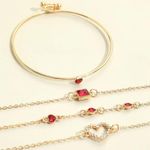NEW 4pcs Gold Bracelet Set – Red Rhinestones, Heart & Square Charms, Stackable Photo 3