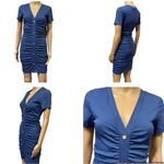 Beyove Blue Ruched Bodycon Ribbed V Neck Button Front Short Sleeve Mini Dress S Photo 1