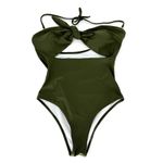 One Piece High Waisted Bandeau Cutout Swimsuit Removable Halter Straps Olive Med Green Photo 1