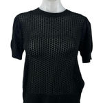 NEW Muse Black Crochet Knit Crewneck Short Puff Sleeve Crop Sweater Top Size M Size M Photo 0