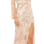 Mac Duggal NWT 5222 Rose Gold Sequined Faux Wrap Split Long Sleeve Gown Size 8 Photo 0