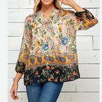 Fig and Flower Border Print Boho 3:4 sleeve blouse size Large Black Photo 1