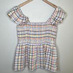 Loft multicolor plaid smocked off shoulder baby doll top size large Photo 1