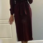 Tie front long sleeve midi dress in wine Photo 6