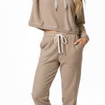Aerie Ribbed Cropped Hoodie Jogger Set Womens XS Brown 100% Cotton Cozy Lounge Photo 0