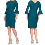 Alex Evenings Scuba Compression 3/4 Sleeve Ruffle Sheath Dress Teal size 2 Photo 1