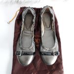 Tod's  Grey Silver Leather Black Buckle Cap Toe Ballerina Flats Photo 0