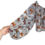 butterfly newspaper print poof sleeve blouse White Size M Photo 2