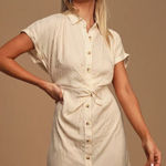 Lulus NWT Casual Perfection Tan Striped Twist-Front Shirt Dress Tan White Size Small Photo 0