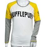 Harry Potter Shirt Women Medium Hugglepuff Raglan Tee Gray White Hogwarts Casual Photo 0
