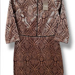 Oasis  Grey Metallic Gold Dress UK 12 Black Jacquard Shift Knee Length Stretch Photo 0