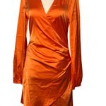 NEW PUBLIC DESIRE Vibrant Orange Satin Wrap Party Chic Dress Ruched Long Sleeves Size 4 Photo 7