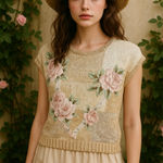 Vintage Floral Appliqué Knit Cottagecore Sweater Vest Top Pink Size M Photo 0