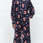 ZARA Geometric Abstract High Waisted Elastic Wide Legged Blue Pants Size M NEW Photo 2