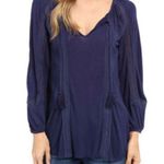 Lucky Brand  Lace Navy Blue Blouse Top Peasant High Low Tassel Size Medium Photo 0