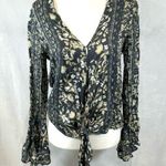 Lovestitch long bell sleeve gray and ivory floral tie front top size small Photo 1