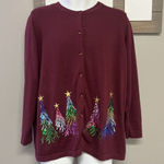 Quacker Factory  Women’s Red Cardigan Sequins Tree Embroidered Long Sleeves Large Photo 0