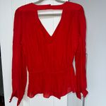 Parker 100% Silk Red V-Neck Long Sleeve Peplum Blouse, Open Back, Size M, EUC Photo 1