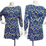 J. McLaughlin  Women's Large Blue Gold Tunic Dress Floral Boat Neck Stretch Boho Photo 1