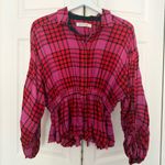 Free People  We the Free Pacific Dawn Plaid Shirt Pink Red Black Peplum Size S Photo 2