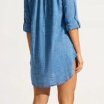 Seafolly  Boyfriend Beach Shirt Blue Chambray Lightweight Roll Tab Sleeves V-Neck Photo 1