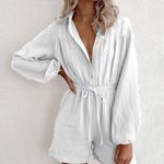Boutique White Button Up Long Sleeve Drawstring Romper Photo 0