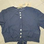 The East Order  ‘Mahlia’ Cobalt Blue Checked  Button Down Crop Top Size (L) Photo 0