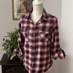 Love Note Love Notes Women 3/4 Tab Roll Sleeve Blouse L Plaid Button Down Collared Pocket Photo 1