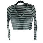 SheIn  Womens Striped V-Neck Long Sleeve Crop Top Green White Ribbed Size M Photo 0