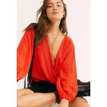 Free People Check On It Faux-Wrap Gauzy Blouse Red/Orange Women’s size XS Photo 12