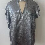 Worthington 2X Shimmering Silver Blouse Keyhole Neck Short Sleeve Satin Photo 0