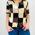 vintage earth tone checkered button down knit sweater top ramie cotton blend S Brown Photo 1