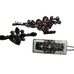 3 Hair Pin Barrettes Bobby Pin Flowers Black Purple Rhinestones Enamel Photo 0