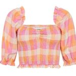 Charlie Holiday NEW Pink Multi Check Andrea Smocked Puff Sleeve Crop Blouse S/4 Photo 0