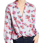 Lush Clothing Lush Floral Satin Faux Wrap Surplice Blouse Lavender Pink Large Photo 0