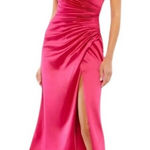 Mac Duggal NEW Size 4 Lipstick Pink Satin Ruched V-Neck Faux Wrap Midi Dress Photo 0