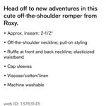 Roxy NWT Romper Off The Shoulder Stretchy Crinkled Fabric Shorts Large $56 Photo 2